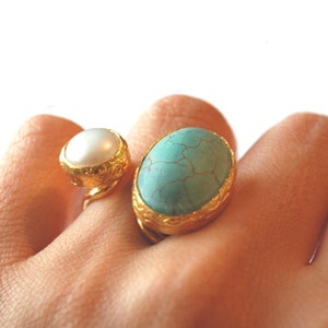 Turquoise Pearl Ring made with sterling silver coated 18K gold turquoise ring Big turquoise ring Statement ring Two gemstone ring image 4