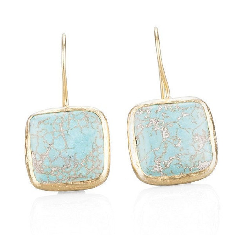 Turquoise Square Earrings With Silver Settings Coated with Gold Vermeil, turquoise earrings, blue earrings, dangling earrings, simple design image 4