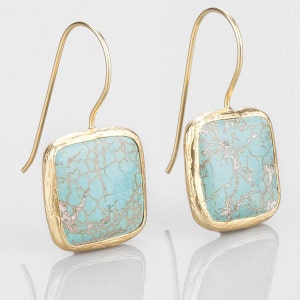 Turquoise Square Earrings With Silver Settings Coated with Gold Vermeil, turquoise earrings, blue earrings, dangling earrings, simple design image 3