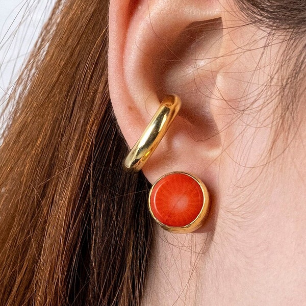 Red Coral Stud Earrings, Irregular cut Coin shape natural coral post earrings, gold 18K vermeil coating over 925K sterling silver