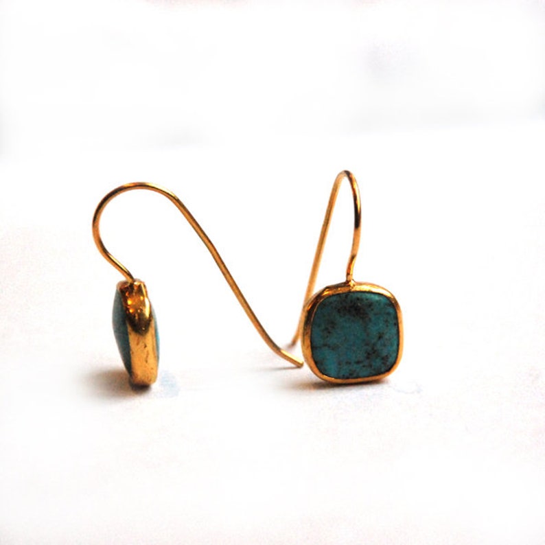 Small Turquoise Square Earrings, dangling earrings, blue turquoise earrings, dainty tiny, everyday use image 3