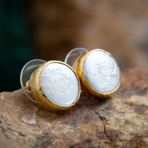 Pearl Stud Earrings in gold vermeil with big white irregular coin Pearls, sterling silver, june birthstone, bridesmaid gift, post earrings