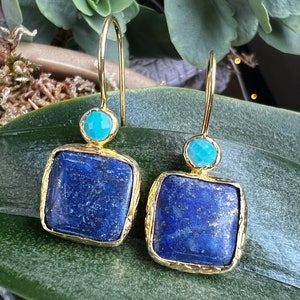 Lapislazuli und Türkis Ohrringe, mit Sterling Silber Fassungen beschichtet in Gold Vergoldet