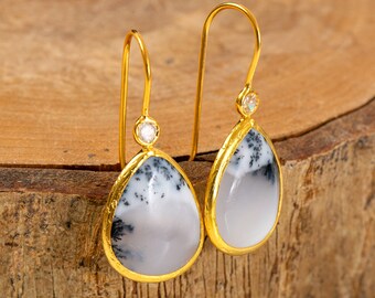 Dendritique Agate Lace comme goutte Boucles d’oreilles avec diamant comme zirconiums, dieu vermeil sur argent sterling