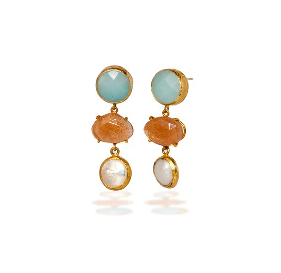 Boucles D'oreilles Perles De Culture Et Aventurine - Argent Sterling - Neuf Avec étiquettes