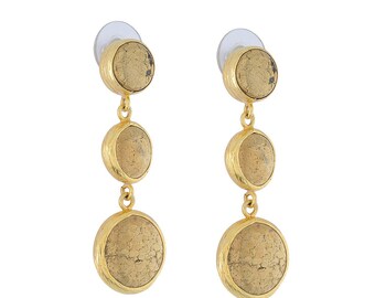 Boucles d'oreilles Triple Dangled Pyrite Gold, longues boucles d'oreilles en or, grandes boucles d'oreilles en or, boucles d'oreilles déclaration, grandes boucles d'oreilles pendantes, longues boucles d'oreilles pendantes