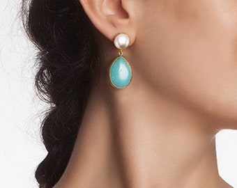 Turquoise drops, and Pearl Stud long dangling Earrings in 925K sterling silver coated in 18K gold, turquoise and pearl big earrings