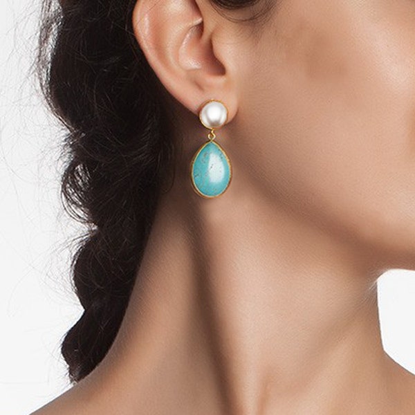 Turquoise drops, and Pearl Stud long dangling Earrings in 925K sterling silver coated in 18K gold, turquoise and pearl big earrings
