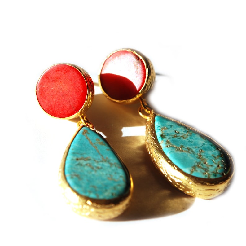 Turquoise and Coral Earrings made with sterling silver coated in 18K gold, big long teardrop, dangling turquoise, natural gemstone earrings image 3