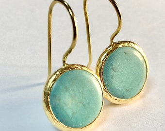 Turquoise Earrings handmade with silver coated in Gold, blue green dangling round turquoise earrings