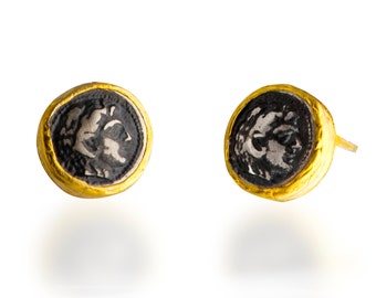 Roman Imperial coin Earrings, sterling silver, gold post earrings, coin studs, antique coin earring, ancient coin earring, Greek Byzantium