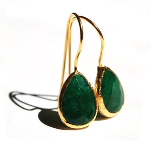 Emerald Green Drop Earrings in 925K sterling silver coated in 18K gold ,emerald green drops, dangling drops, small drops with french hooks image 2
