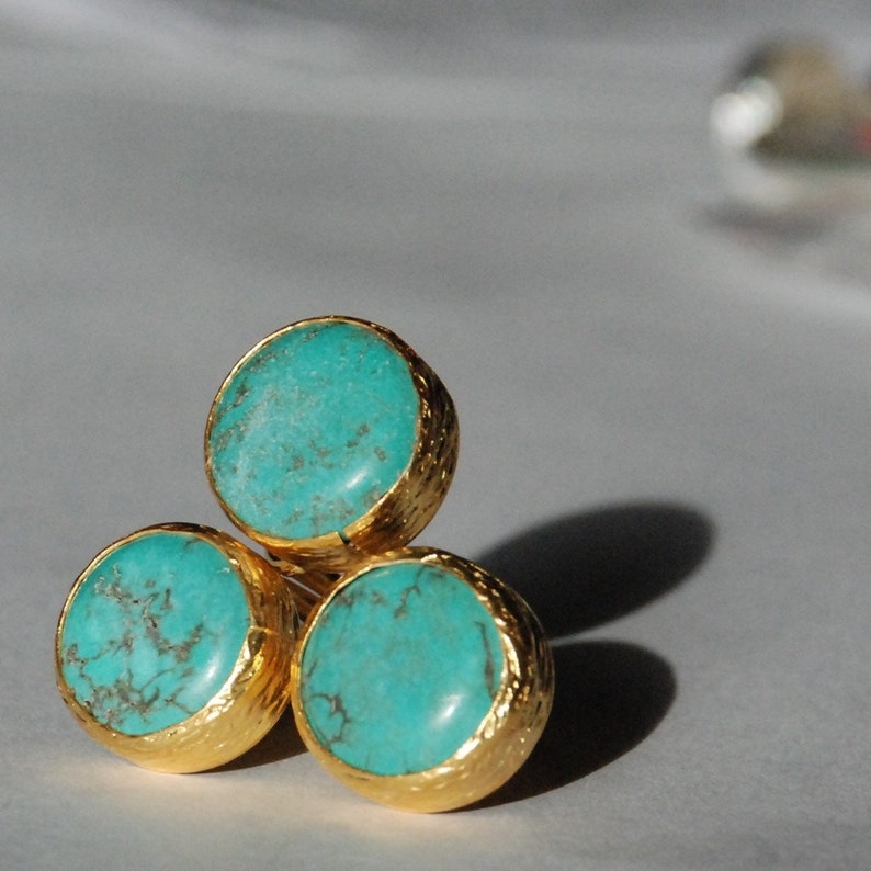 Big turquoise ring, with three stones, statement ring, gold vermeil over sterling silver, big blue turquoise ring, chunky ring, boho ring image 2