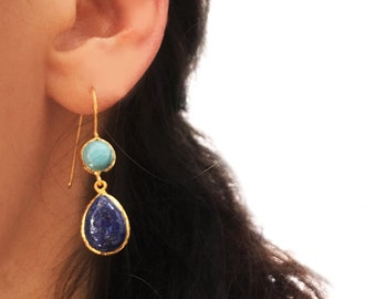 Lapis lazuli and Turquoise Drop Earrings, lapis earriings, turquoise earrings, lapislazuli, blue silver earrings, drop dangling earrings