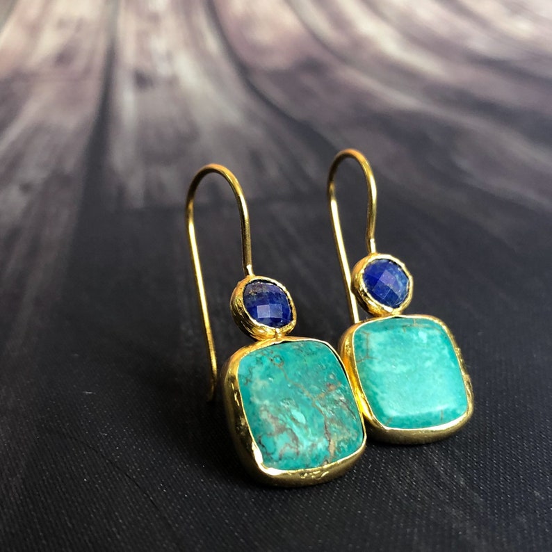 Turquoise and Lapis Lazuli Earrings, with Sterling Silver Settings Coated in Gold Vermeil image 5