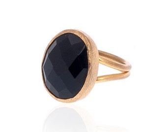 Black Onyx Ring Ring made with serling silver coated 18K gold, black statement ring, big chunky ring, cocktail ring, oval gemstone ring,