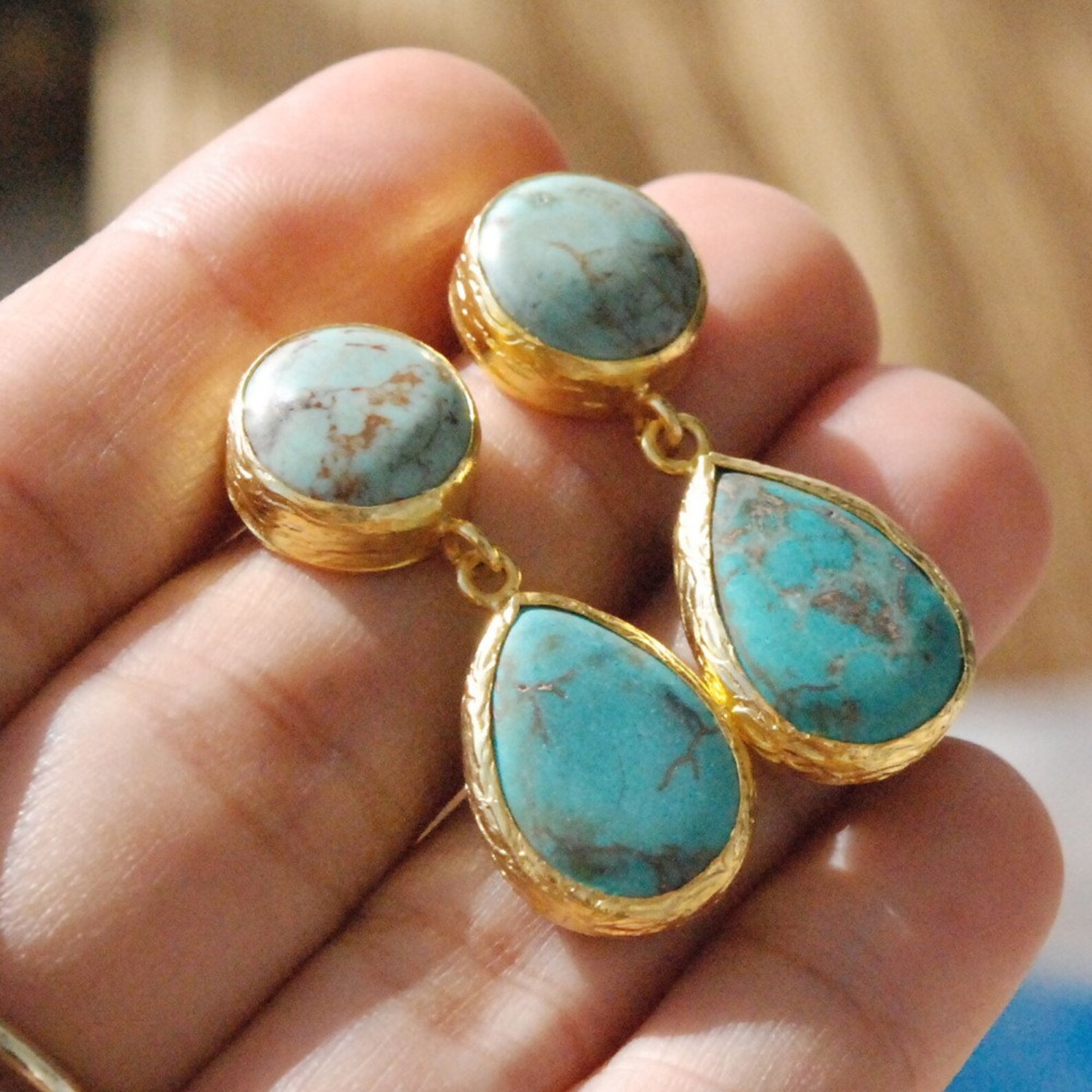 Blue Turquoise Earrings made with silver coated 18K gold big Etsy