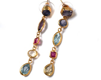 Multi Gemstone earrings, with Peridot, Citrine, aquamarine, ruby and Amethyst stones, three mix match long stud top earrings, genuine stones