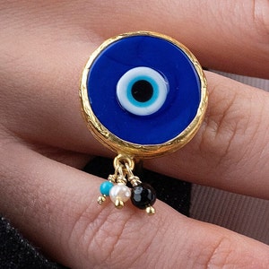 Sterling Silver Evil Eye Ring: Pearl Gemstone Dangle Charm