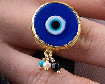 Big Evil eye Ring with dangling Pearls and gemstones, made with sterling silver, adjustable ring, Glass evileye, dangle charm good fortune