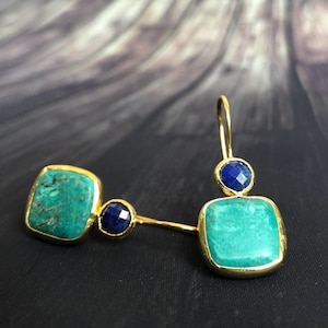 Turquoise and Lapis Lazuli Earrings, with Sterling Silver Settings Coated in Gold Vermeil image 7