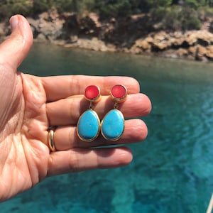Turquoise and Coral Earrings made with sterling silver coated in 18K gold, big long teardrop, dangling turquoise, natural gemstone earrings image 10