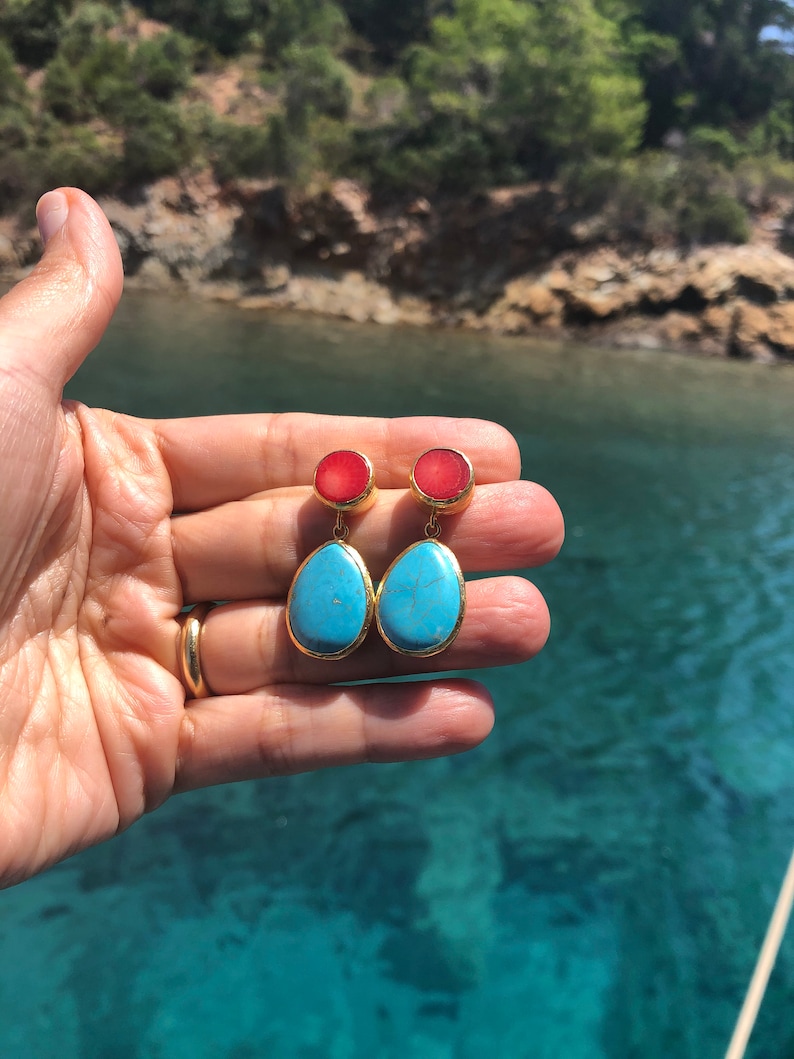 Turquoise and Coral Earrings made with sterling silver coated in 18K gold, big long teardrop, dangling turquoise, natural gemstone earrings image 10