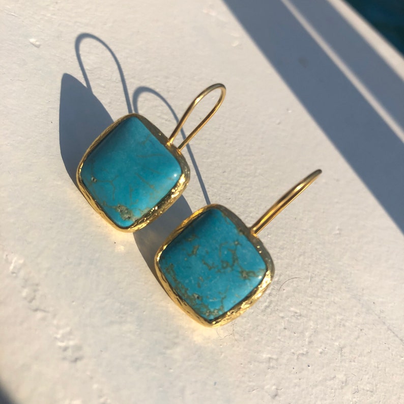 Small Turquoise Square Earrings, dangling earrings, blue turquoise earrings, dainty tiny, everyday use image 6