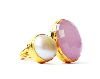 Pink Rose Quartz and Pearl Ring