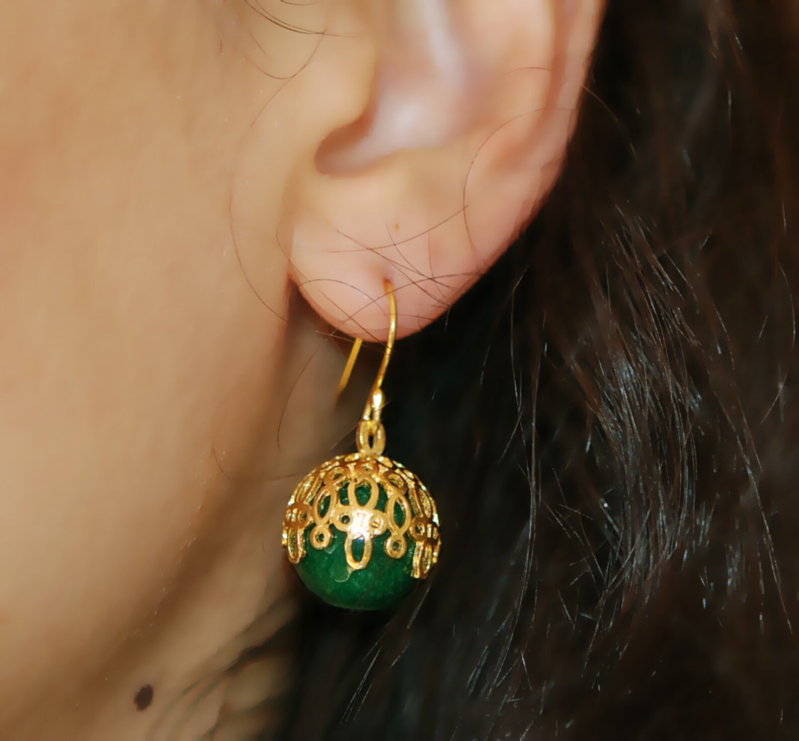 Green Jade Ball Earrings Dangling Ball Earrings Sphere Gem Etsy