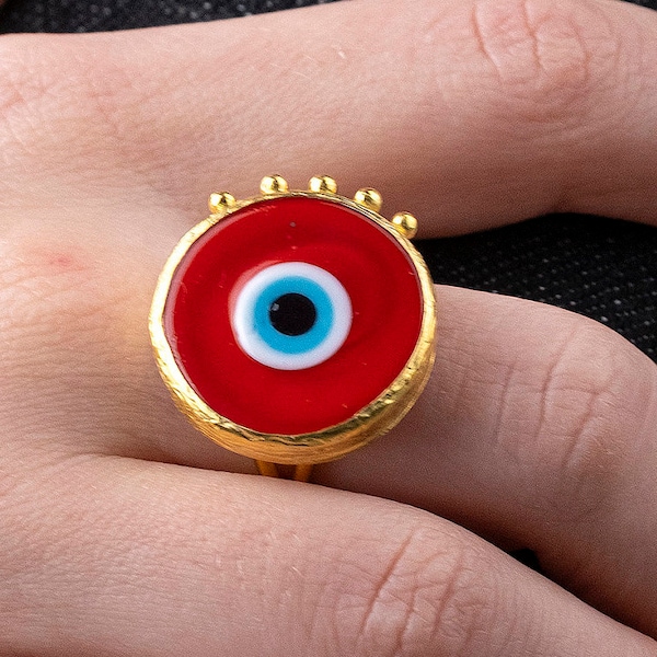 Evil eye Ring mit einem großen roten Glas bösen Auge aus Sterling Silber, verstellbar, Glücksbringer