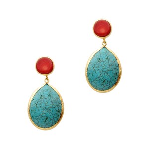 Turquoise and Coral Earrings made with sterling silver coated in 18K gold, big long teardrop, dangling turquoise, natural gemstone earrings image 2