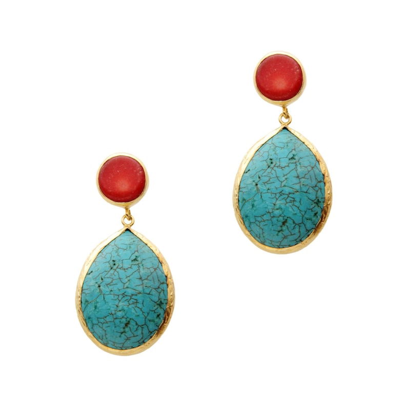 Turquoise and Coral Earrings made with sterling silver coated in 18K gold, big long teardrop, dangling turquoise, natural gemstone earrings image 2