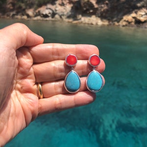 Turquoise and Coral Earrings made with sterling silver coated in 18K gold, big long teardrop, dangling turquoise, natural gemstone earrings image 9