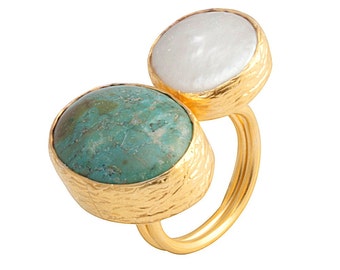 Bague en perle turquoise en or 18K revêtu d’argent sterling - bague turquoise - Grande bague turquoise - Bague de déclaration - Bague à deux pierres précieuses