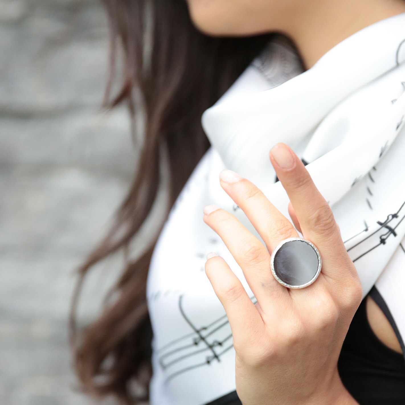 Mirror Ring Black Round Chunky Ring Silver Black mirror