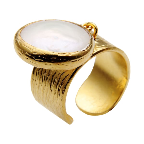 Anello Fascia Larga 14mm In Acciaio Con Madreperla – Placcato Oro 14K – Nuovo
