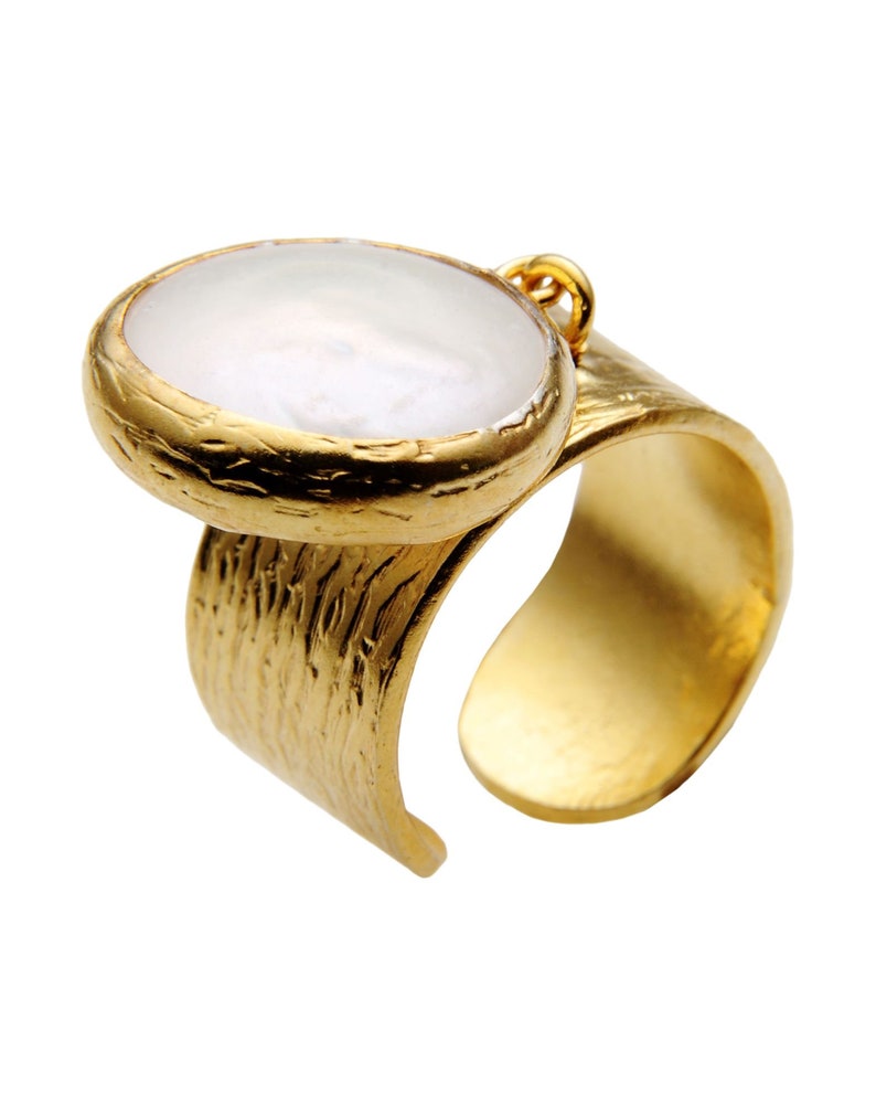 Anillo de perla colgante, anillo de perla grande, plata de ley, perla blanca, anillo de banda gruesa, anillo ajustable, anillo de encanto colgante, anillo fidget imagen 1