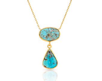 Turquoise Oval and Drop Necklace, dangling turquoise necklace, sterling silver gold vermeil coating