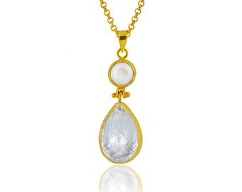 Colgante de perla y cuarzo transparente talla lágrima, en plata de ley recubierta de oro de 18K, colgante de perla, colgante grande, collar de perlas de cuarzo cristal