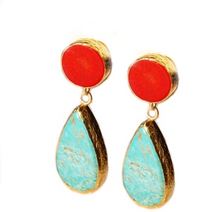 Turquoise and Coral Earrings made with sterling silver coated in 18K gold, big long teardrop, dangling turquoise, natural gemstone earrings image 1