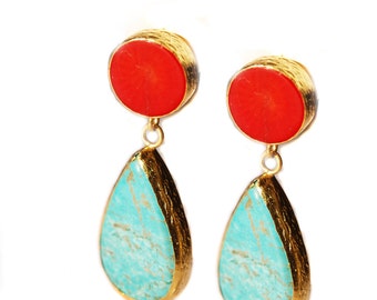 Turquoise and Coral Earrings made with sterling silver coated in 18K gold, big long teardrop, dangling turquoise, natural gemstone earrings