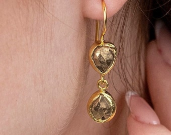 Dainty Gold teardrop Earrings with faceted Dangling Pyrite stones made with sterling silver coated in gold