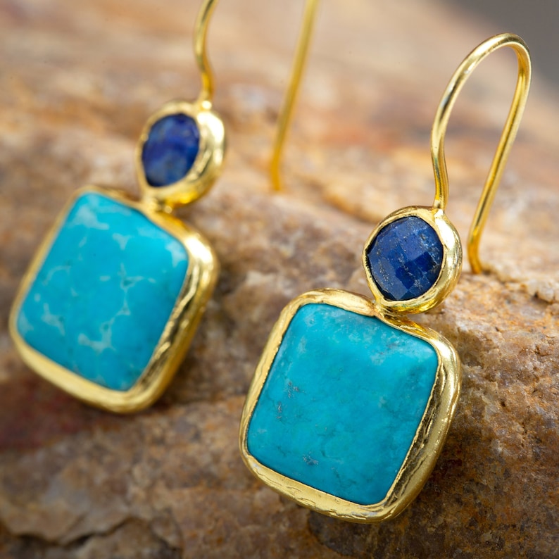 Turquoise and Lapis Lazuli Earrings, with Sterling Silver Settings Coated in Gold Vermeil image 3