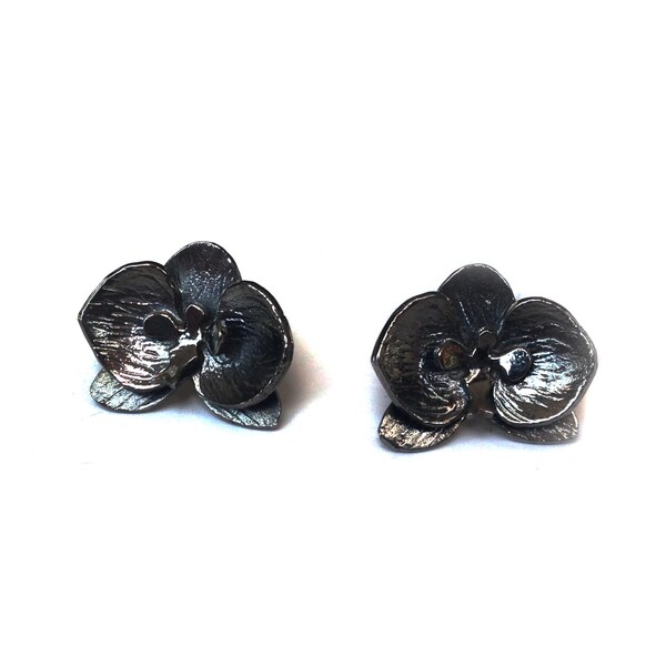 Black Orchid Flower Silver Stud Earrings