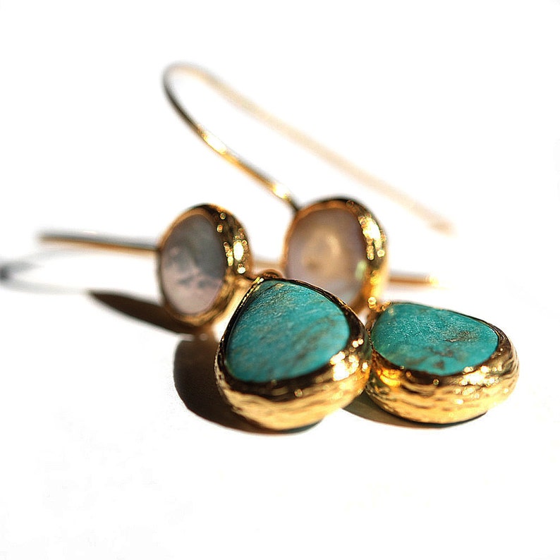 Long Turquoise and Pearl drop dangling Earrings made with sterling silver coated in 18K gold, teardrop Turquoise Jewelry birthstone earring image 3