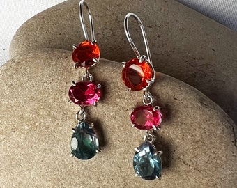 Dangling long silver gemstone earrings, Doublet quartz earrings, Bright magenta, red, blue color doublet quartz earrings in sterling silver