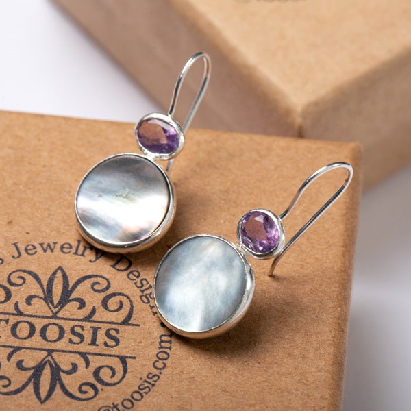 Oval Grey Mother Of Pearl Earrings with amethyst ovals