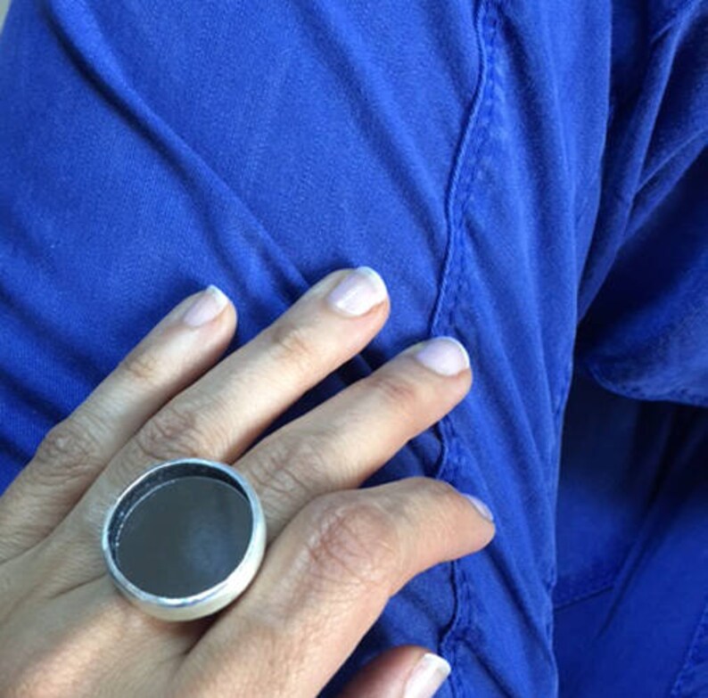 Mirror Ring Black Round Chunky Ring Silver Black Mirror Etsy