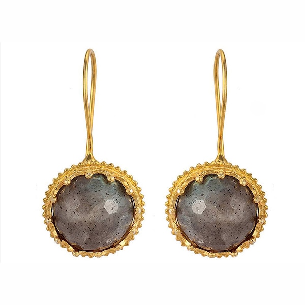 Gemstone ball earrings with grey Labradorite stones on a crowned pond settings made with silver coated in gold coat